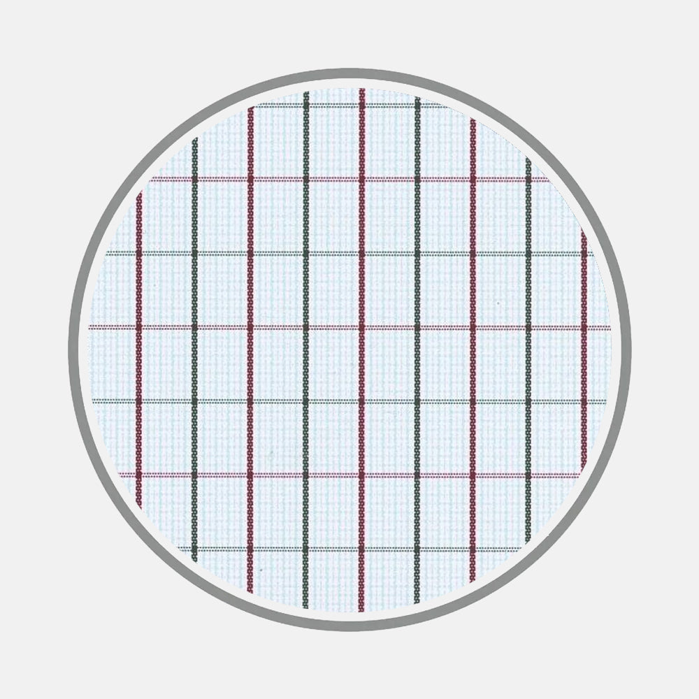 A circular image displays Turnbull & Asser's Burgundy and Forest Green Check Fabric, featuring a white background with a grid of thin red and green lines and outlined by a gray border.
