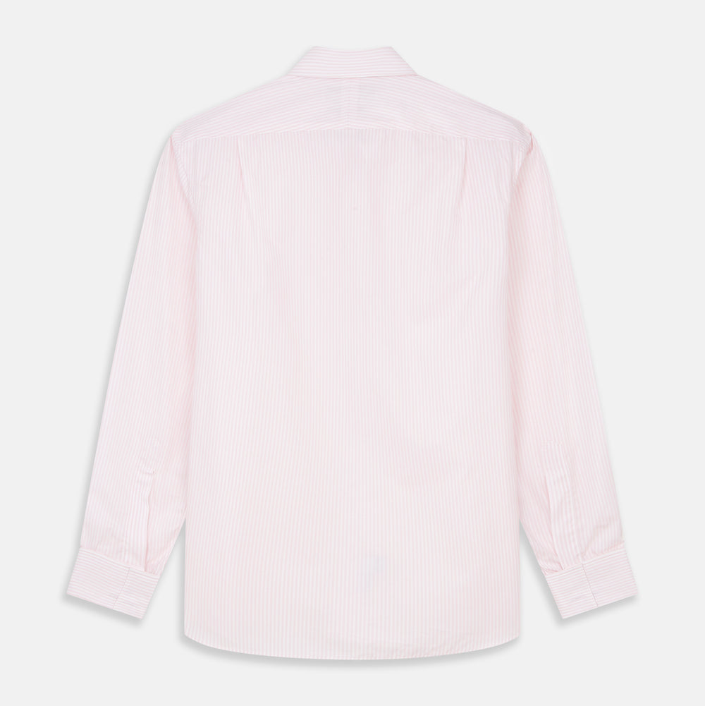 The Turnbull & Asser White and Pink Wide Stripe Shirt with Double Cuffs features a minimalist design, with bold vertical stripes and long sleeves, shown laid flat against a white background.