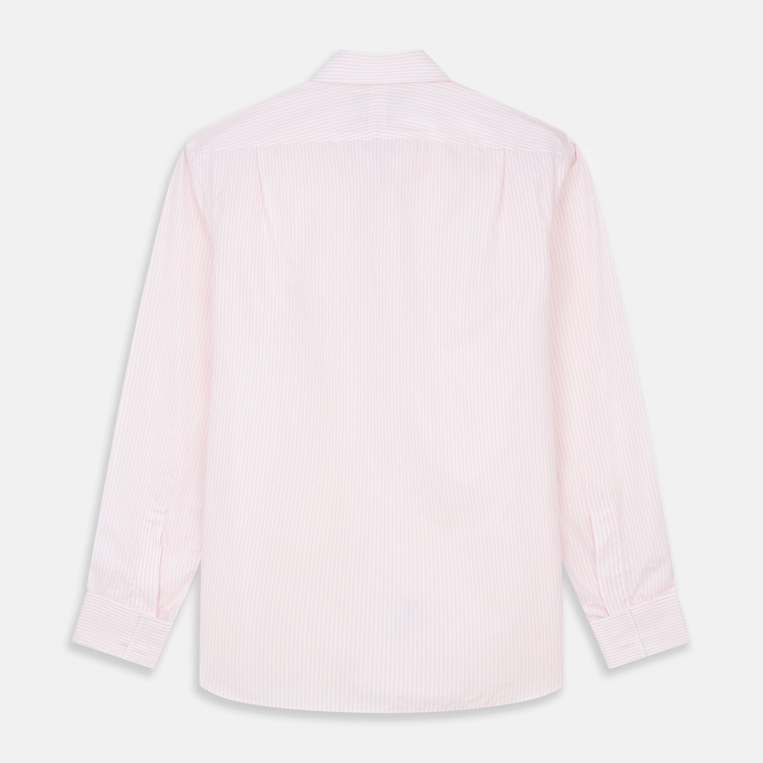 View 5 of product The Turnbull & Asser White and Pink Wide Stripe Shirt with Double Cuffs features a minimalist design, with bold vertical stripes and long sleeves, shown laid flat against a white background.