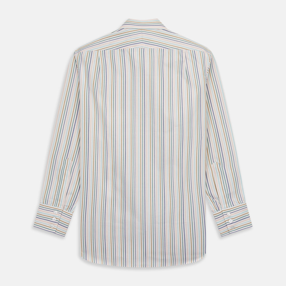 The Green Multi Stripe Regular Fit Shirt by Turnbull & Asser features a T&A collar, 3 button cuffs, and thin blue, green, yellow, and red stripes on white—adding a lively touch to any wardrobe.