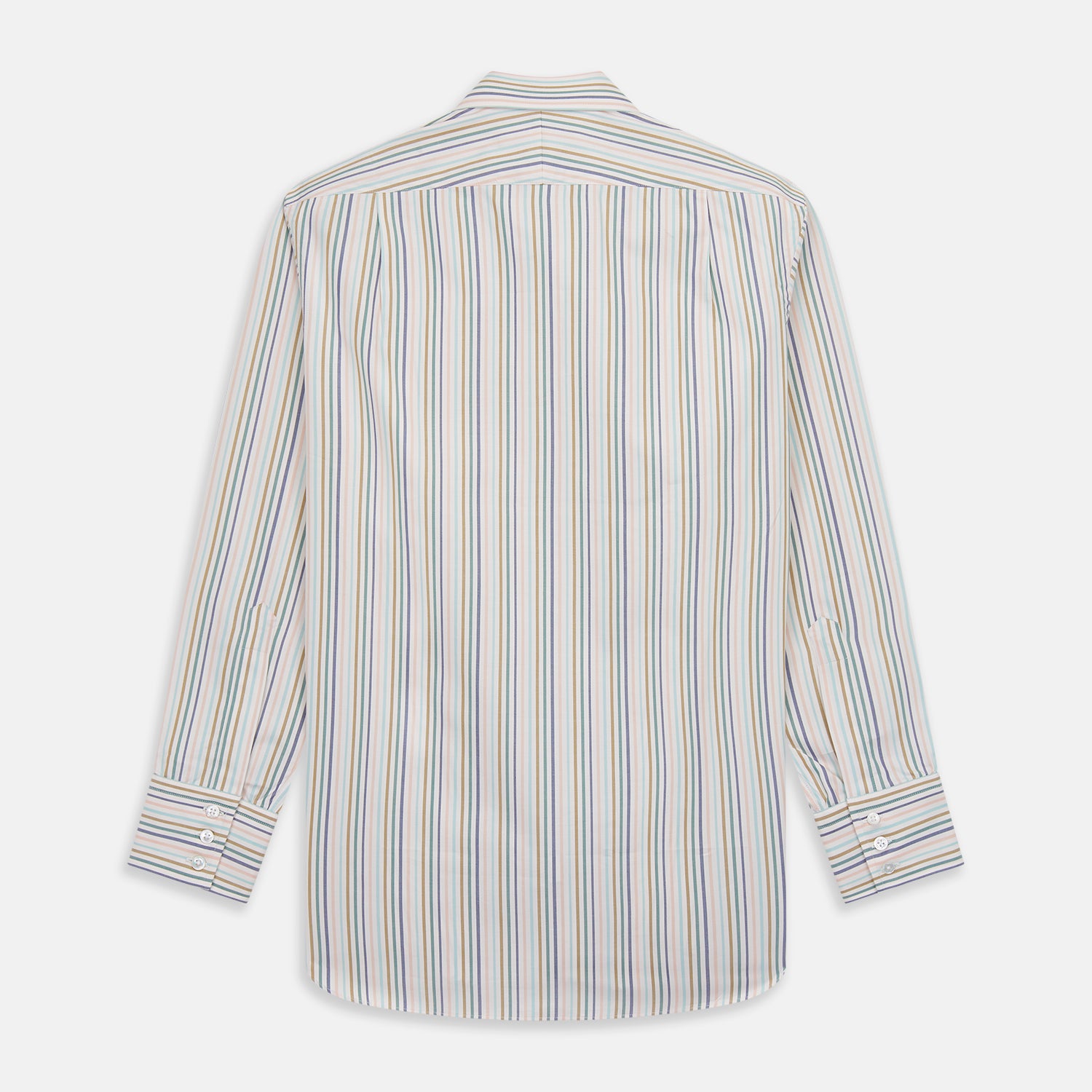 View 5 of product The Green Multi Stripe Regular Fit Shirt by Turnbull & Asser features a T&A collar, 3 button cuffs, and thin blue, green, yellow, and red stripes on white—adding a lively touch to any wardrobe.