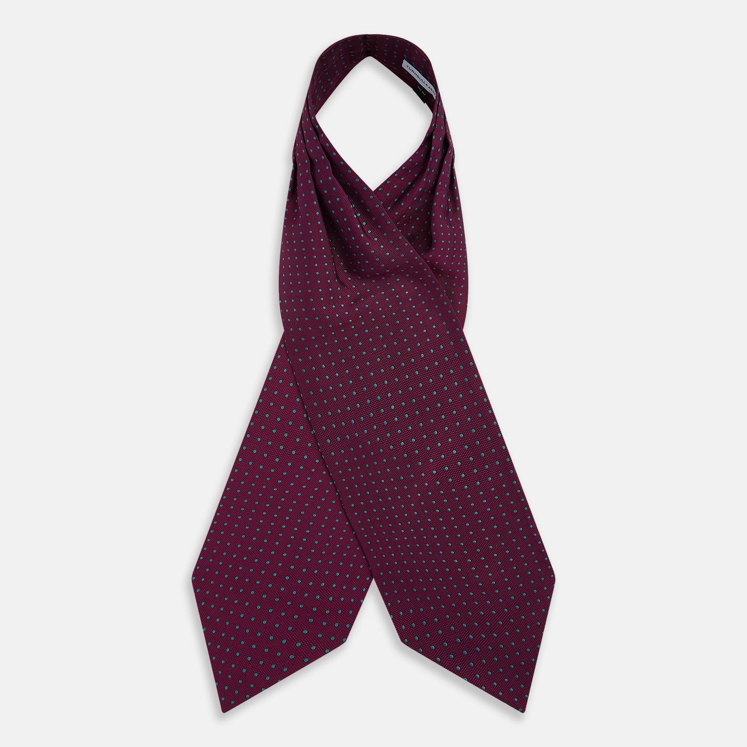 View 3 of product A burgundy pocket square with turquoise polka dots, folded to a point—an ideal men's formal accessory to complement the Green Micro Dot and Magenta Silk Cravat by Turnbull & Asser.