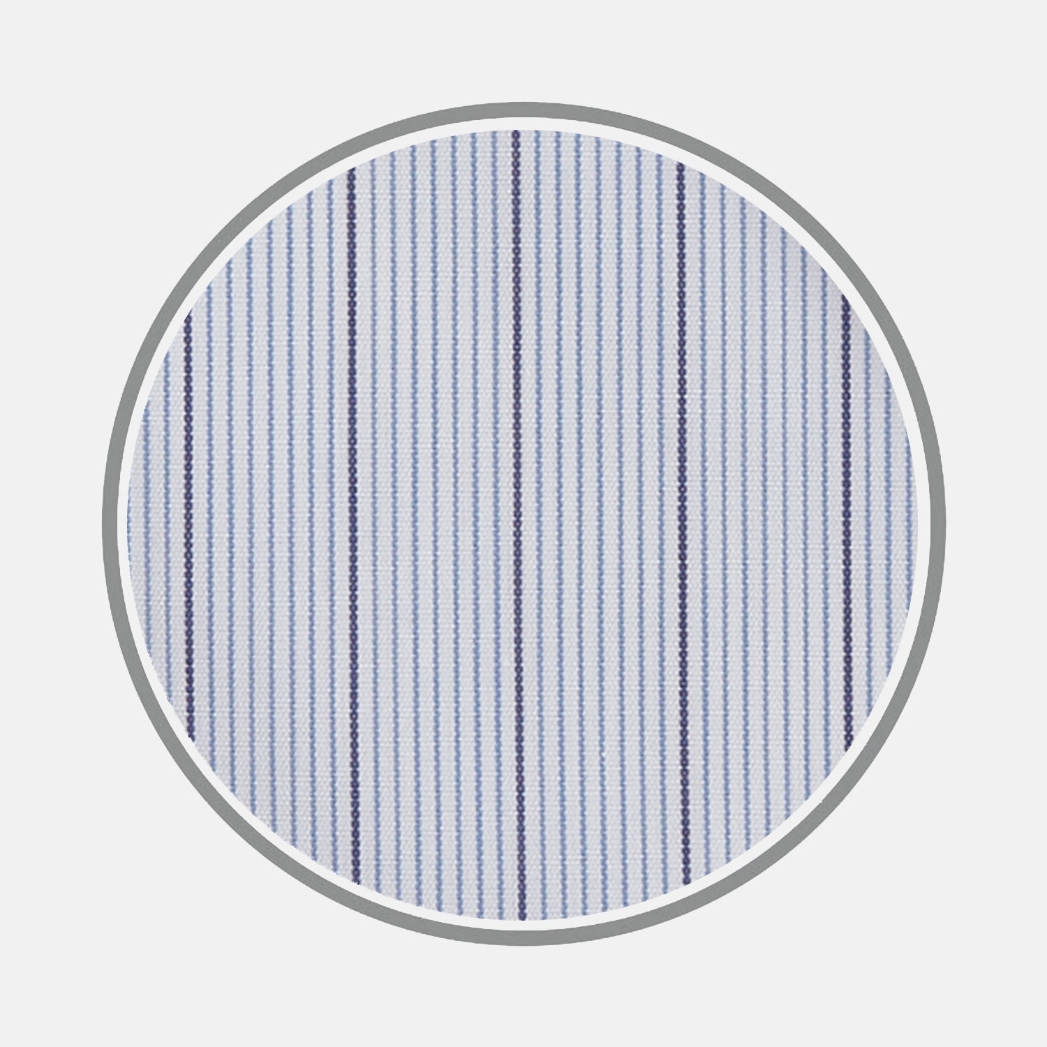 View 1 of product Close-up of Turnbull & Asser Blue and Navy Fine Stripe Cotton Fabric, showcasing alternating thin and thick navy stripes on light blue cotton, displayed within a circular frame on a white background.