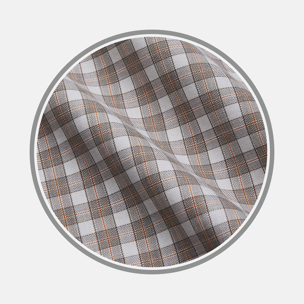 A close-up of Turnbull & Asser's Grey and Peach Multi Check Cashmerello Fabric displays a white base with intersecting grey and peach lines, set within a circular frame.