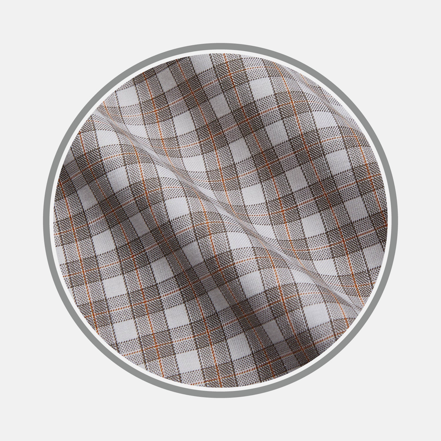View 1 of product A close-up of Turnbull & Asser's Grey and Peach Multi Check Cashmerello Fabric displays a white base with intersecting grey and peach lines, set within a circular frame.