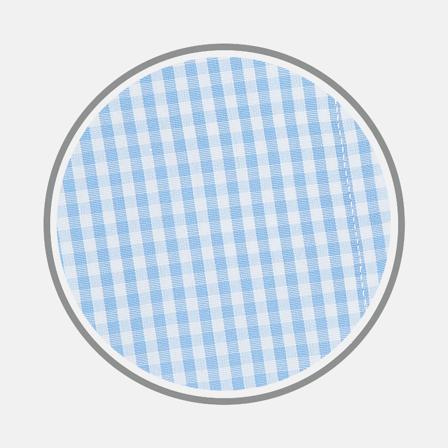 View 1 of product A circular swatch of Turnbull & Asser's Light Blue Gingham Check Cotton Fabric, featuring a simple light blue and white checkered pattern, is bordered by a thin gray outline on a white background.
