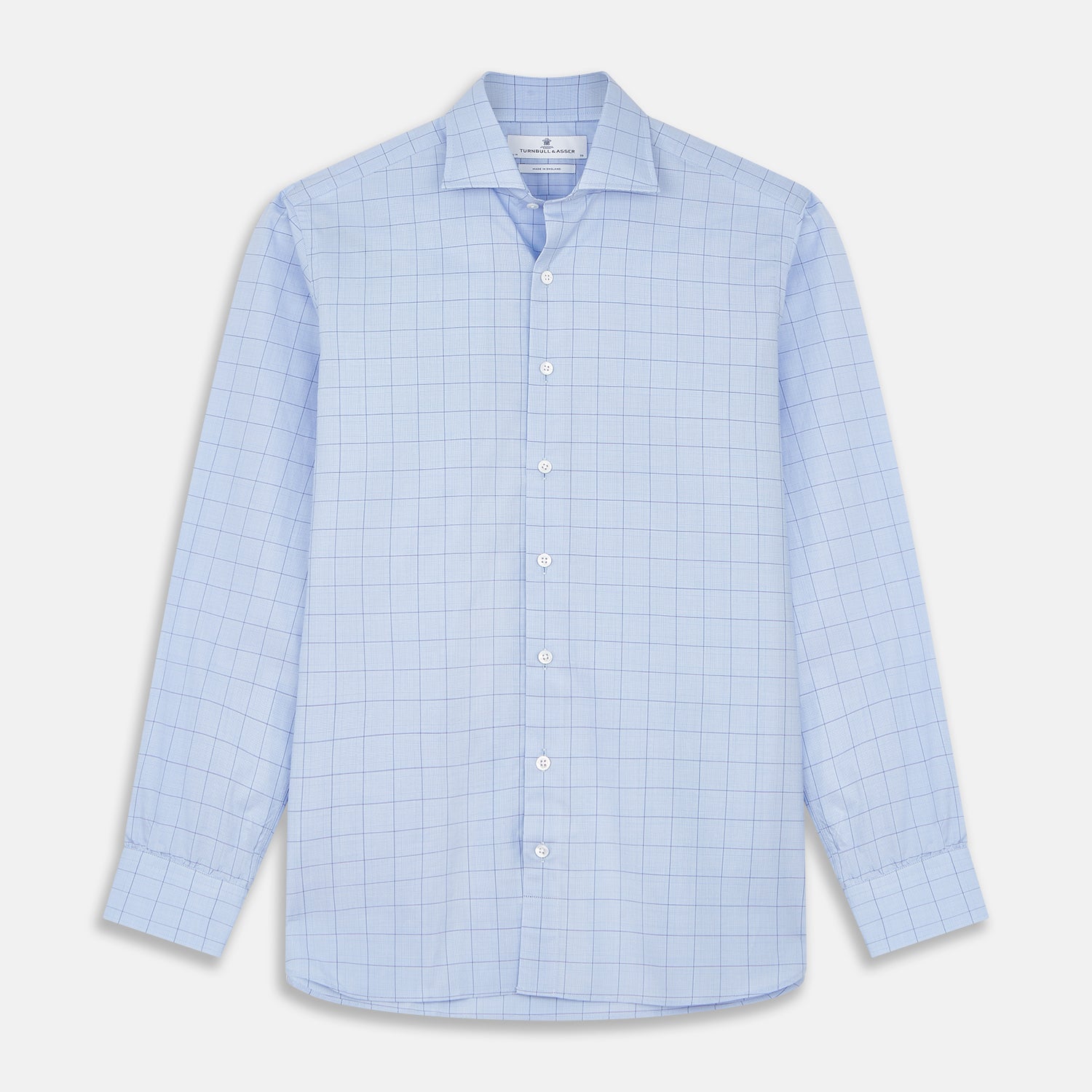 View 1 of product The Blue Prince of Wales Check Mayfair Shirt by Turnbull & Asser features a light blue check pattern, white buttons, and a classic collar. Crafted from premium Italian cotton, it is displayed on a plain white background.