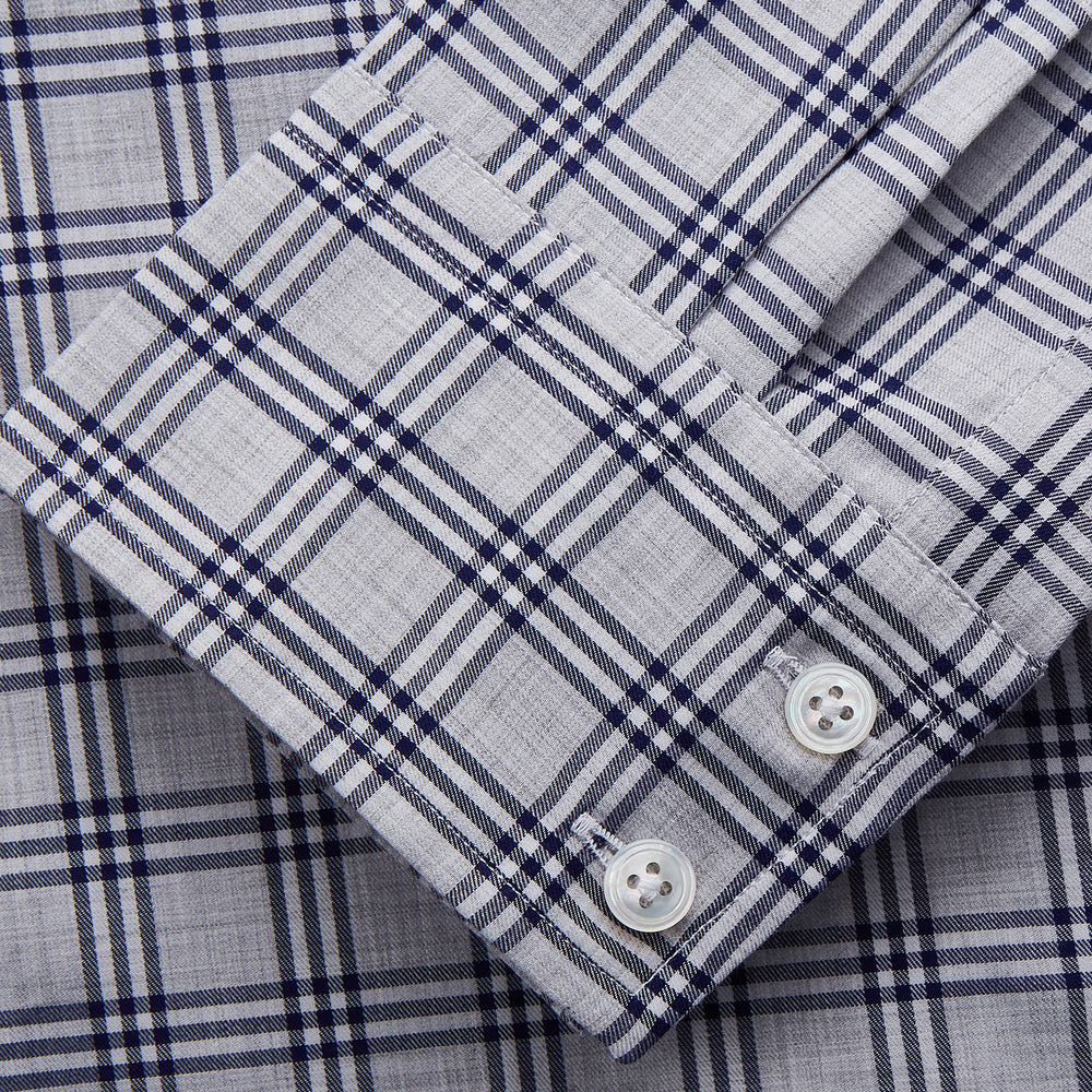 The Turnbull & Asser Grey Multi Check Cotton Tailored Fit Shelton Shirt is neatly laid flat on a white background.