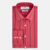 View 5 of product The Coral Red Track Stripe Mayfair Shirt by Turnbull & Asser features long sleeves, button-up front, a classic T&A collar, and buttoned cuffs in vibrant Italian cotton with vertical black pinstripes, shown on a plain white background.