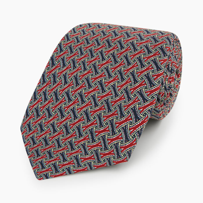 Red and Navy Weave-Patterned Printed Silk Tie Image 4