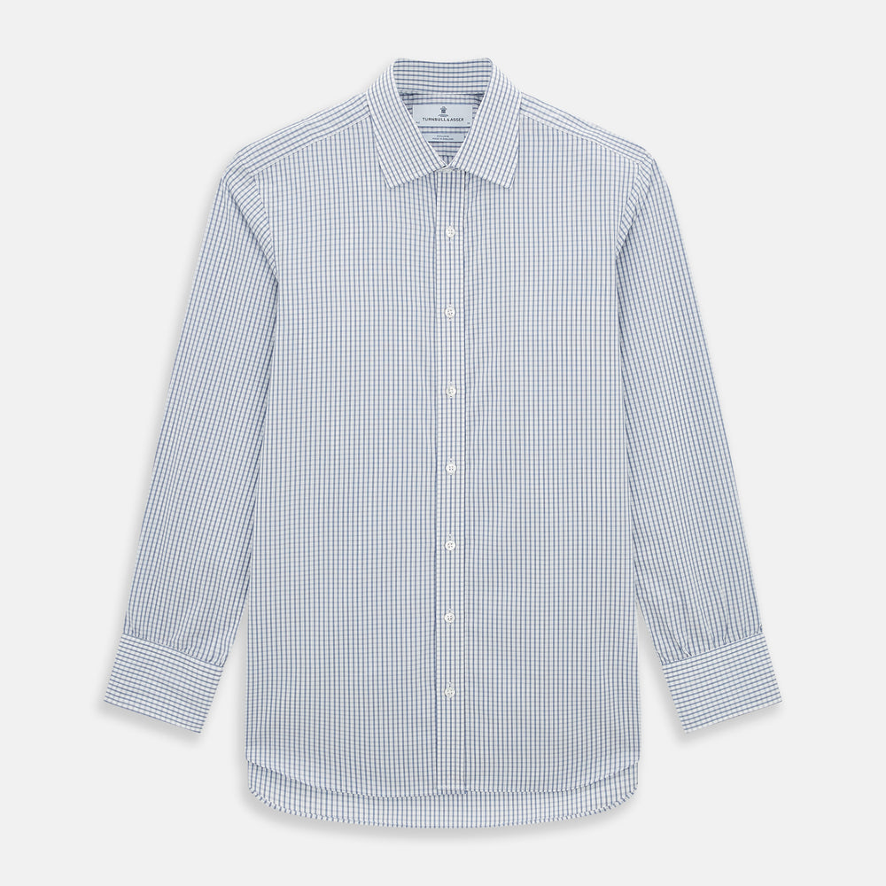 The Turnbull & Asser Blue Multi Tattersall Check Mayfair Shirt is a long-sleeved, button-down shirt featuring a small blue and white check pattern, pointed collar, and cuffs, shown laid flat on a white background.