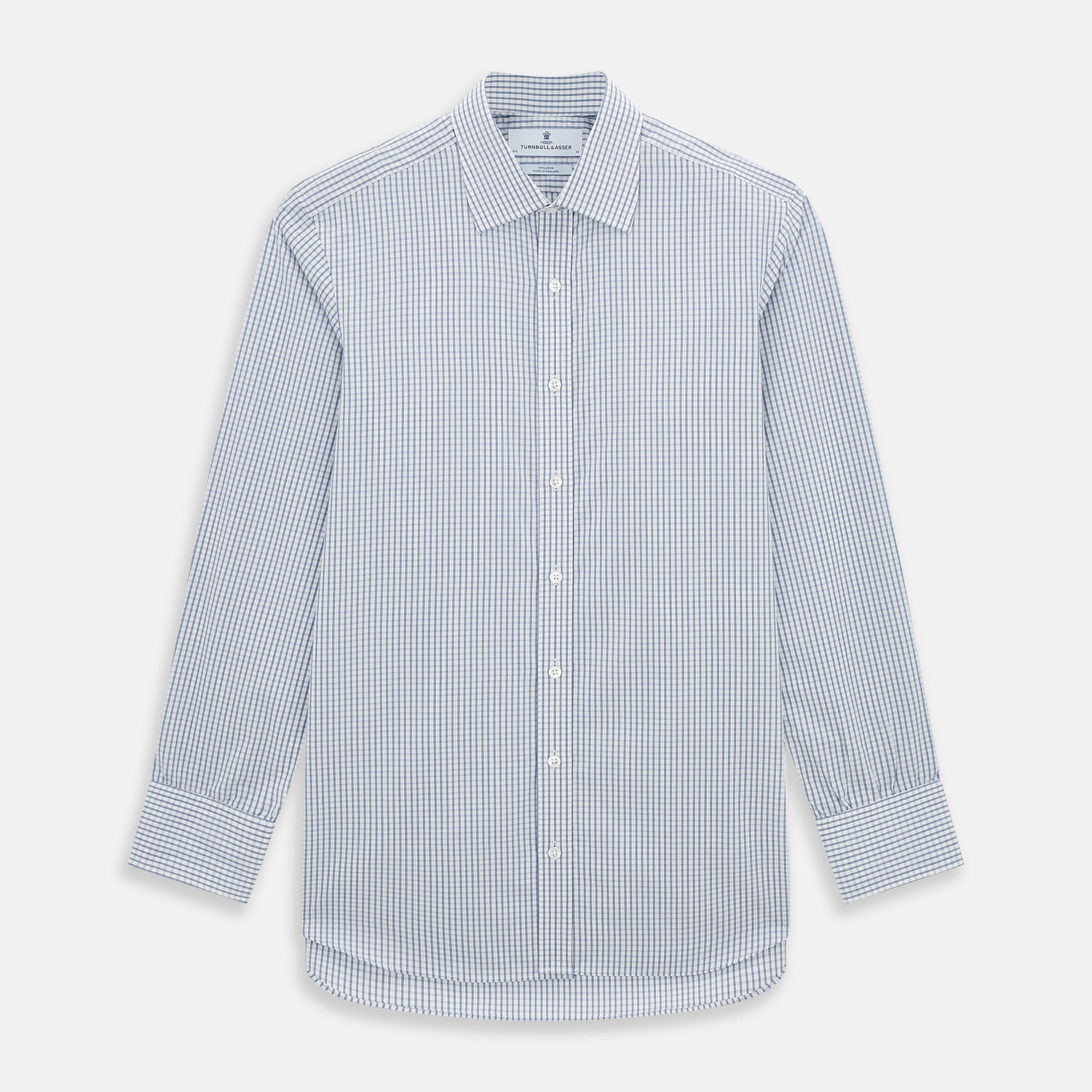 View 1 of product The Turnbull & Asser Blue Multi Tattersall Check Mayfair Shirt is a long-sleeved, button-down shirt featuring a small blue and white check pattern, pointed collar, and cuffs, shown laid flat on a white background.