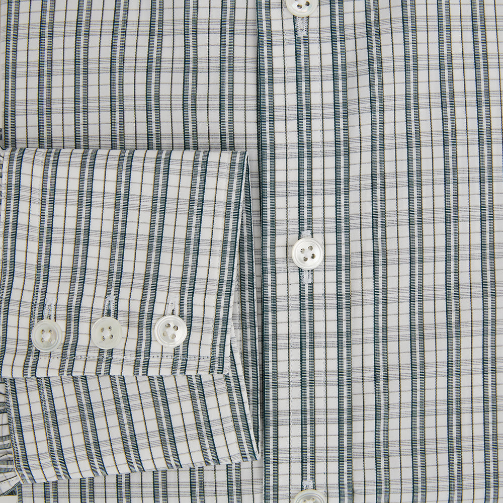The Turnbull & Asser Forest Green Multi Check Mayfair Shirt is a long-sleeve button-up crafted from premium Italian cotton, featuring a blue and forest green check on white, with a pointed collar and buttoned cuffs.