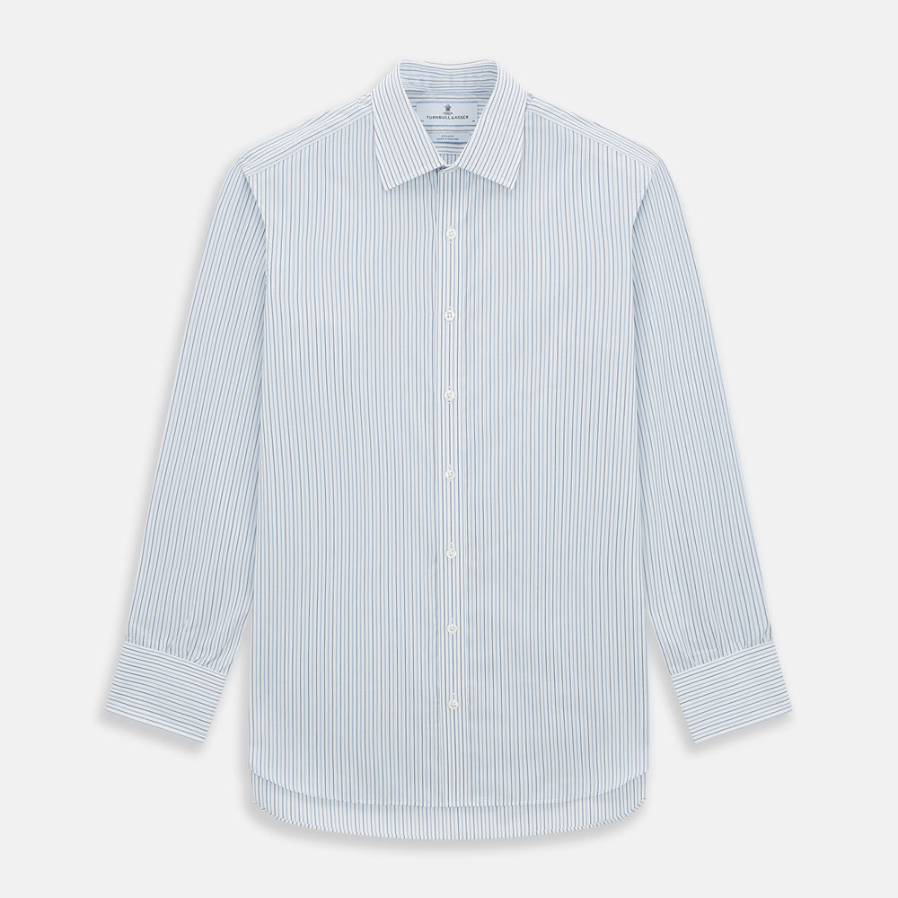 The Turnbull & Asser Navy and Blue Shadow Stripe Mayfair Shirt, featuring a classic T&A collar and buttoned cuffs, is laid flat on a white background.
