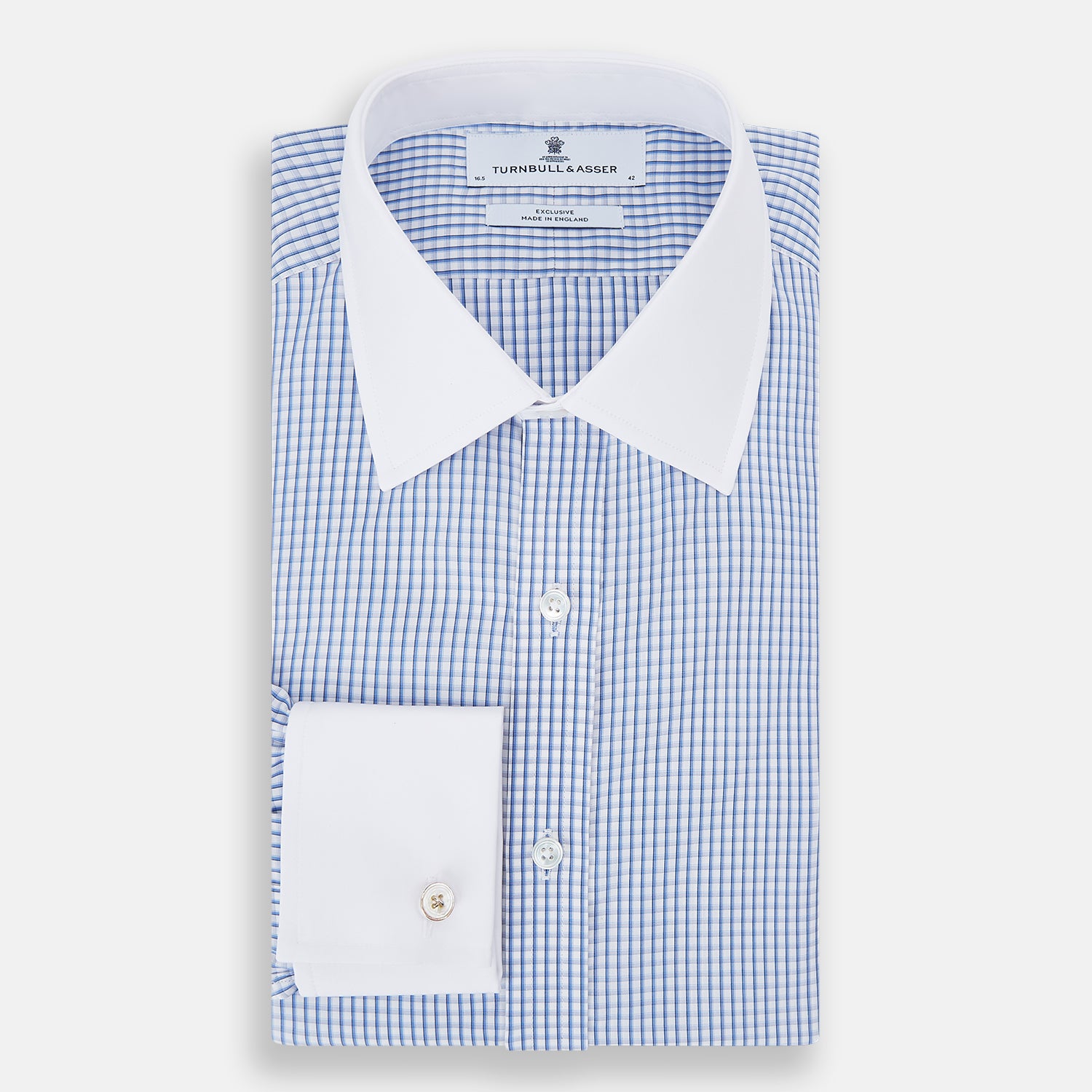 View 5 of product The Turnbull & Asser Sky Blue Micro Shadow Check Shirt features a Mayfair fit, contrast white collar and double cuffs—ideal for formal wear—shown against a plain white background.