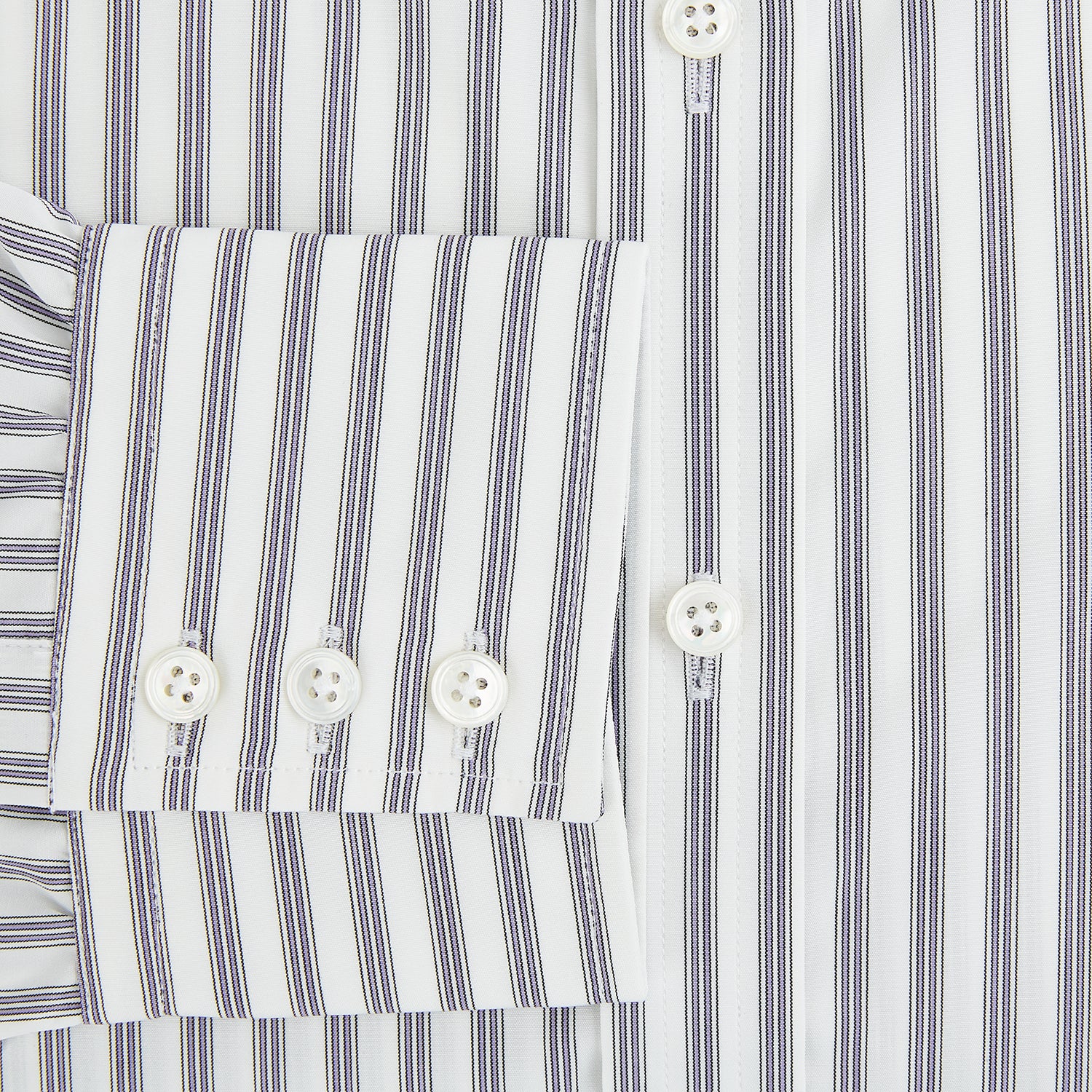 View 4 of product The Purple Multi Stripe Mayfair Shirt from Turnbull & Asser is a pure cotton, collared long-sleeve shirt with white and gray vertical stripes and buttoned cuffs, displayed flat on a white background.