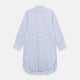 The Blue and Pink Stripe Poplin Cotton Nightshirt by Turnbull & Asser features long sleeves, a collar, front buttons, chest pocket, rounded hem, and light blue fabric with white, pink, and yellow vertical stripes.