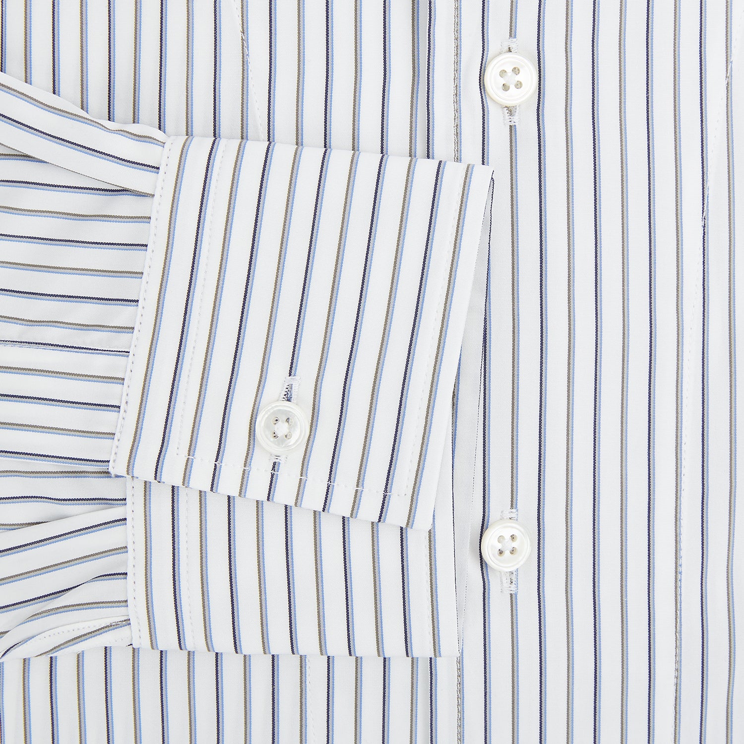 View 4 of product The Brown Multi Stripe Quarzo Nightshirt by Turnbull & Asser is a long-sleeve, knee-length Italian cotton nightshirt with brown and blue stripes, a collar, button placket, chest pocket, and cuffs. The dress is laid flat on a white background.