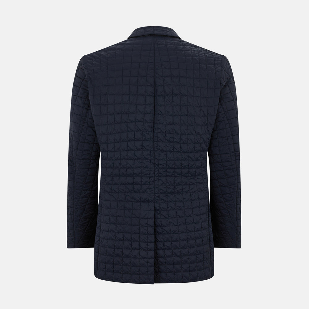 The Fulham Navy Single-Breasted Quilted Blazer by Turnbull & Asser features a notched lapel, three black buttons, a chest pocket, and two front flap pockets. Shown on a plain white background—ideal for the modern gentleman.