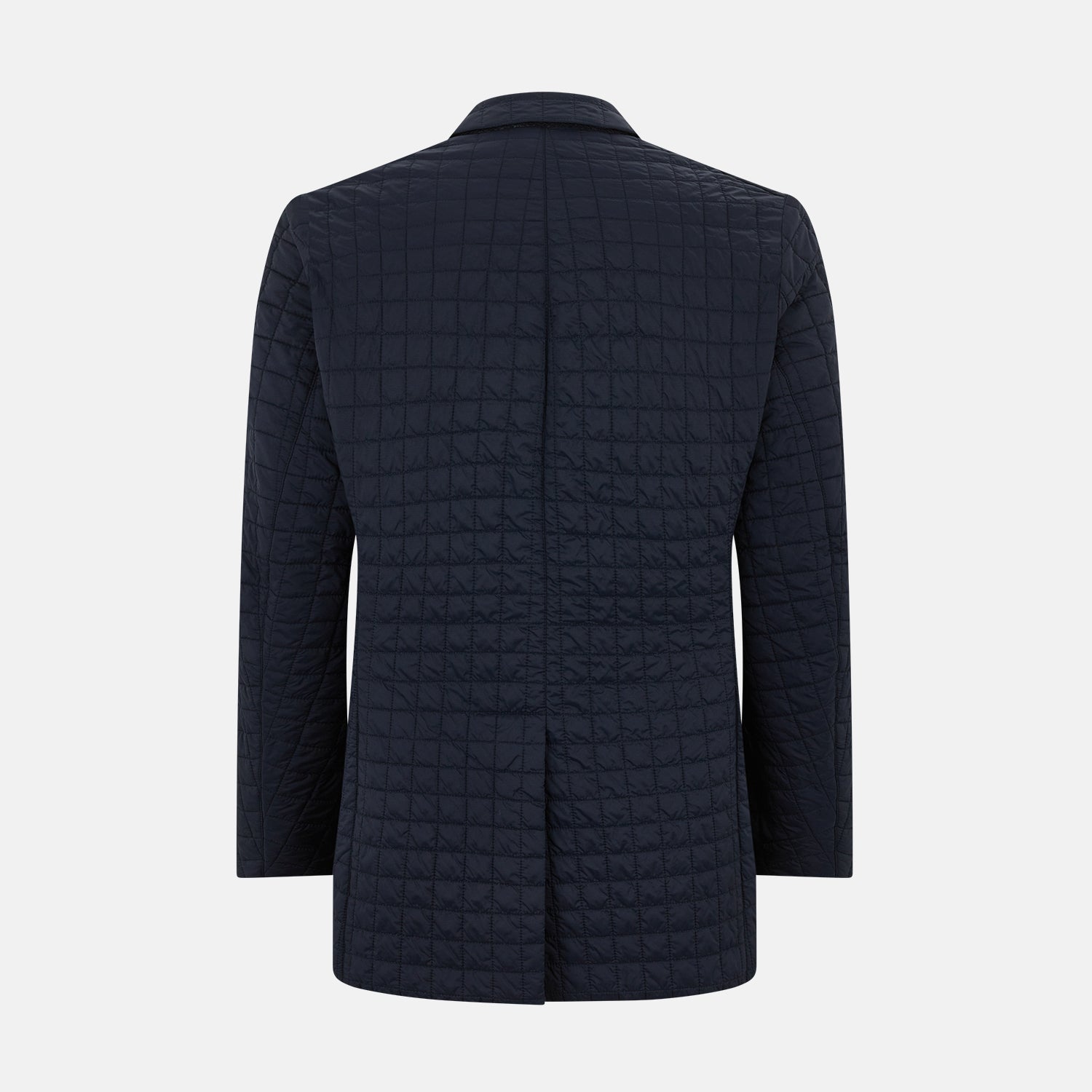 View 3 of product The Fulham Navy Single-Breasted Quilted Blazer by Turnbull & Asser features a notched lapel, three black buttons, a chest pocket, and two front flap pockets. Shown on a plain white background—ideal for the modern gentleman.
