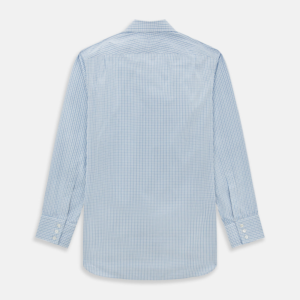 The Sky Blue Micro Graph Check Mayfair Shirt by Turnbull & Asser features a classic T&A collar, button-down front, and buttoned cuffs, shown laid flat on a white background.