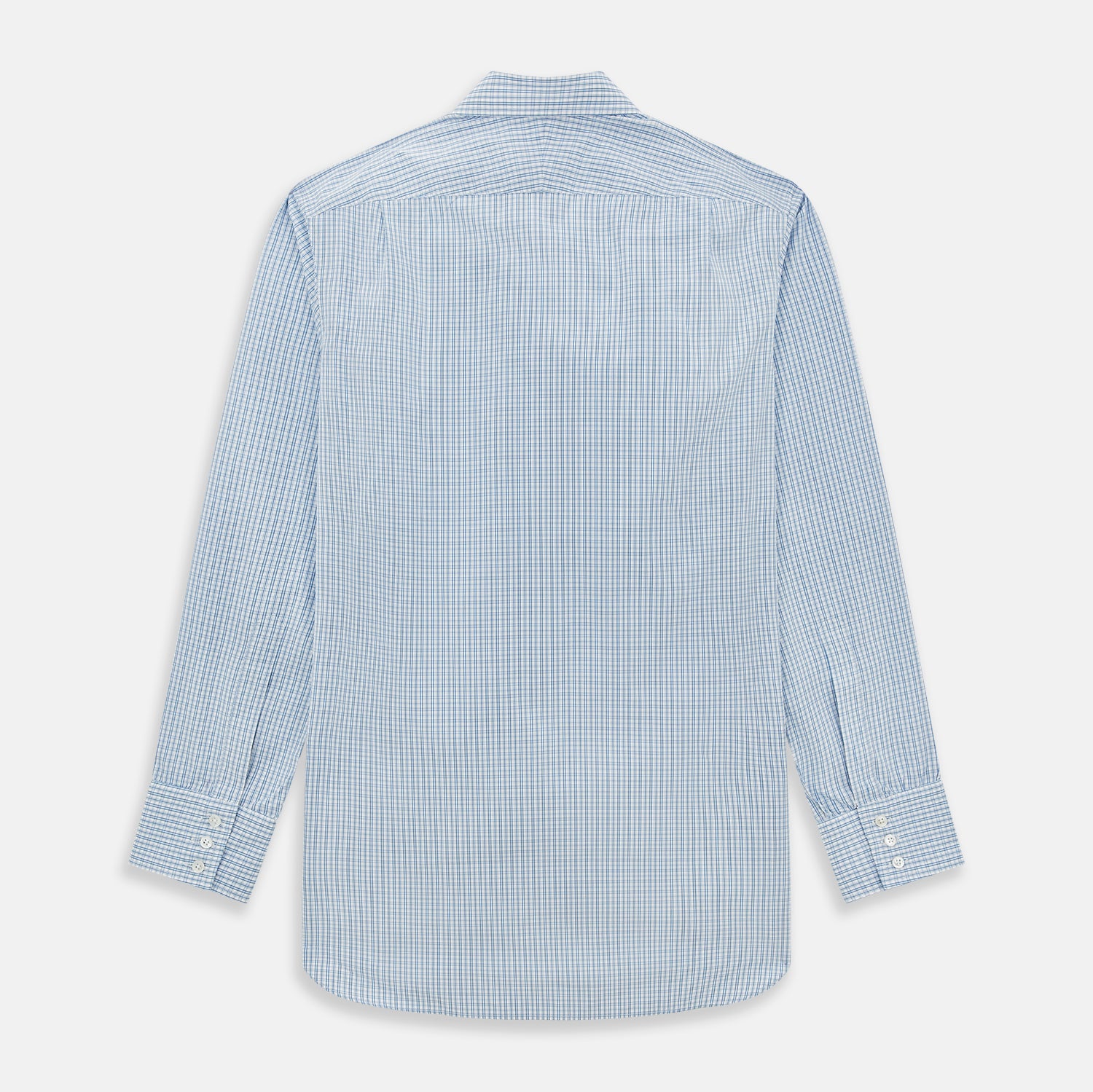 View 3 of product The Sky Blue Micro Graph Check Mayfair Shirt by Turnbull & Asser features a classic T&A collar, button-down front, and buttoned cuffs, shown laid flat on a white background.