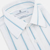 View 2 of product The Turnbull & Asser Turquoise Track Stripe Mayfair Shirt is crafted from Italian cotton with long sleeves, turquoise vertical stripes, a classic collar, and buttoned cuffs, displayed on a plain white background.