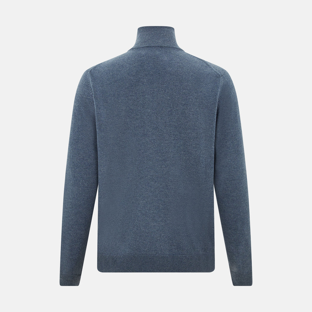 The Blue Melange Half-Zip Cashmere Jumper by Turnbull & Asser features a high collar, ribbed cuffs and hem, and long sleeves. This pullover sweater is shown against a plain white background.