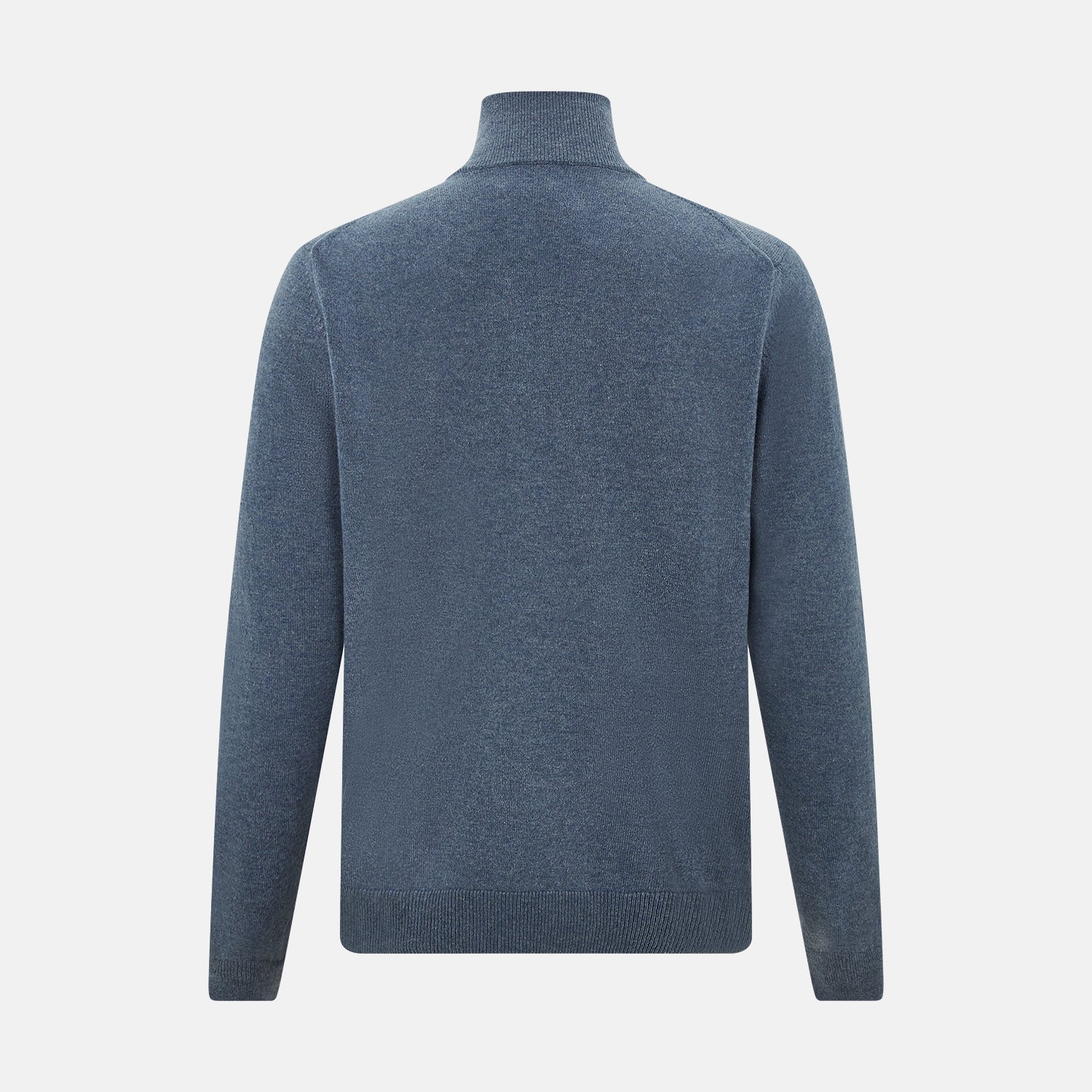 View 3 of product The Blue Melange Half-Zip Cashmere Jumper by Turnbull & Asser features a high collar, ribbed cuffs and hem, and long sleeves. This pullover sweater is shown against a plain white background.