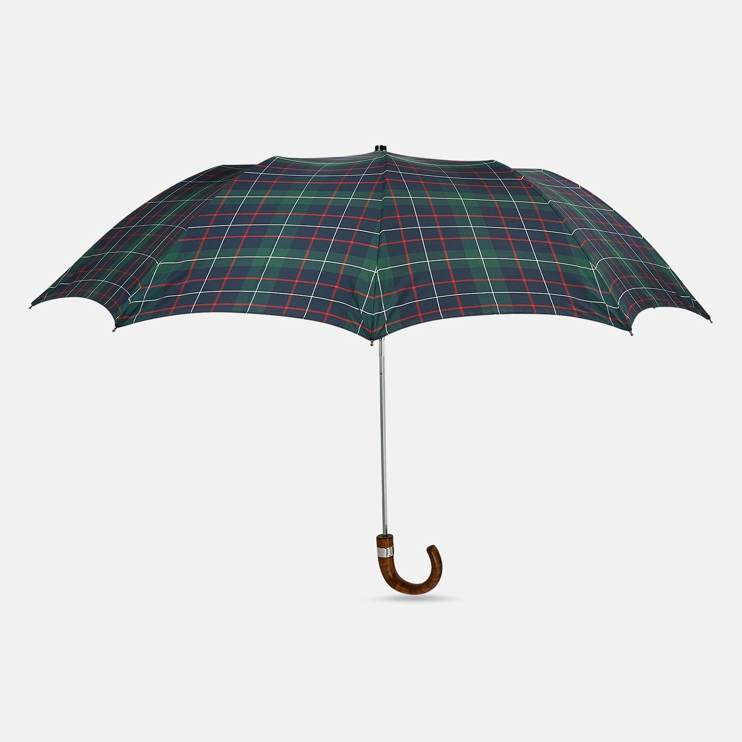 View 1 of product The Turnbull & Asser Colquhoun Tartan Telescopic Umbrella features a green, blue, and red plaid canopy, a durable metal shaft, and a brown maple crook handle, displayed against a plain light background.