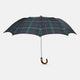 The Turnbull & Asser Colquhoun Tartan Telescopic Umbrella features a green, blue, and red plaid canopy, a durable metal shaft, and a brown maple crook handle, displayed against a plain light background.