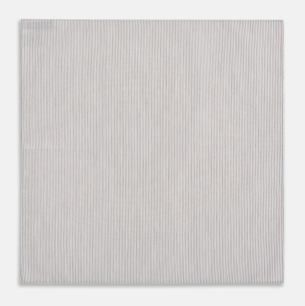 A neatly folded Turnbull & Asser Brown Double Hairline Stripe Hand-Rolled Handkerchief features thin, vertical brown stripes and delicate hand-rolled edges, displayed on a plain background.