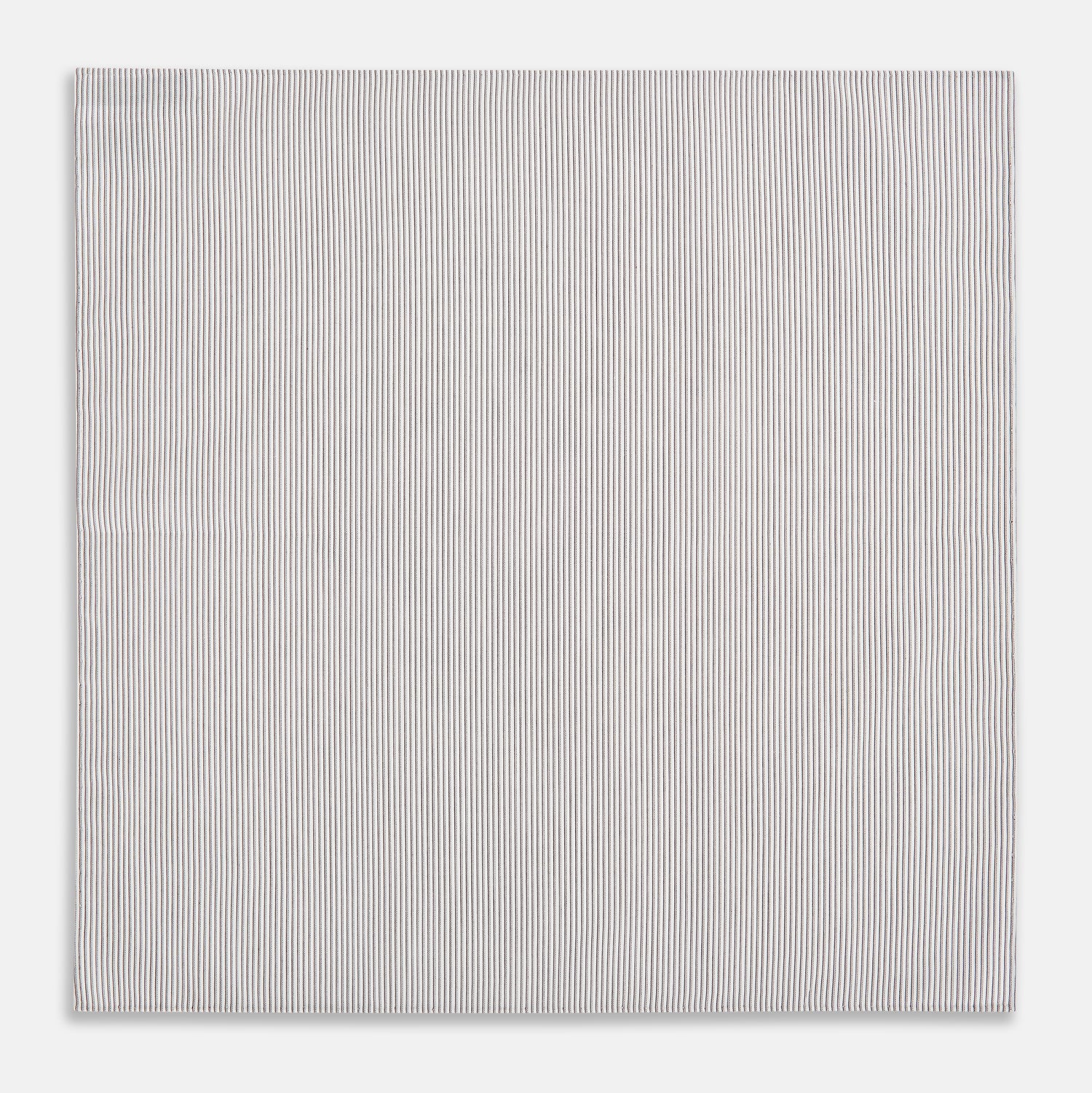 View 3 of product A neatly folded Turnbull & Asser Brown Double Hairline Stripe Hand-Rolled Handkerchief features thin, vertical brown stripes and delicate hand-rolled edges, displayed on a plain background.