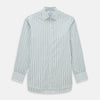 View 1 of product The Forest Green Multi Stripe Mayfair Shirt by Turnbull & Asser features forest green and white vertical stripes, a collar and cuffs, and is crafted from Italian cotton, shown laid flat on a white background.