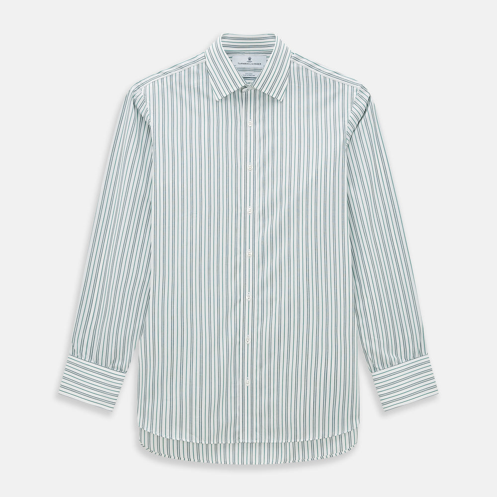 The Forest Green Multi Stripe Mayfair Shirt by Turnbull & Asser features forest green and white vertical stripes, a collar and cuffs, and is crafted from Italian cotton, shown laid flat on a white background.