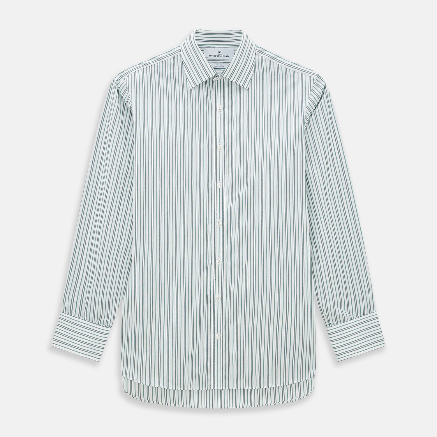 View 1 of product The Forest Green Multi Stripe Mayfair Shirt by Turnbull & Asser features forest green and white vertical stripes, a collar and cuffs, and is crafted from Italian cotton, shown laid flat on a white background.