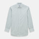 The Forest Green Multi Stripe Mayfair Shirt by Turnbull & Asser features forest green and white vertical stripes, a collar and cuffs, and is crafted from Italian cotton, shown laid flat on a white background.