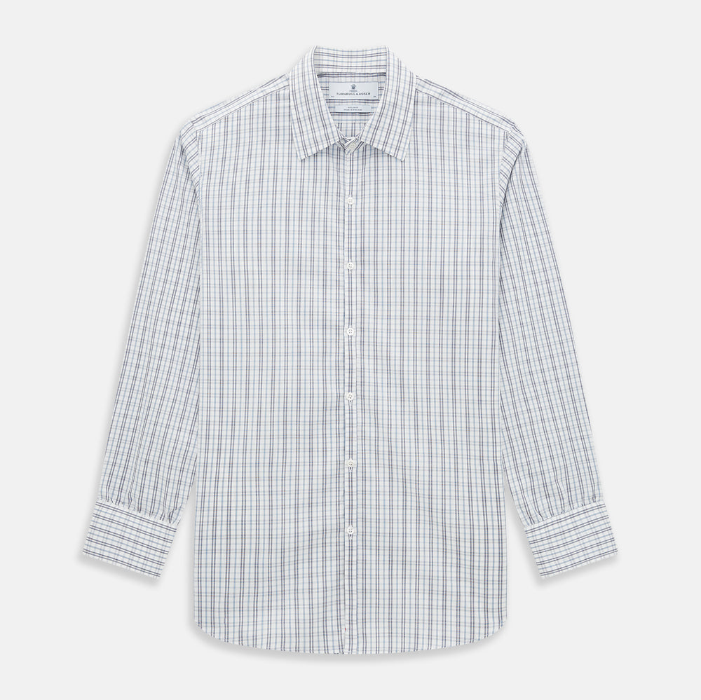 The Turnbull & Asser Navy and Blue Multi Tattersall Westminster Shirt features long sleeves, a button-down style, and a Turnbull collar in a blue and gray check pattern on white, laid flat against a white background.