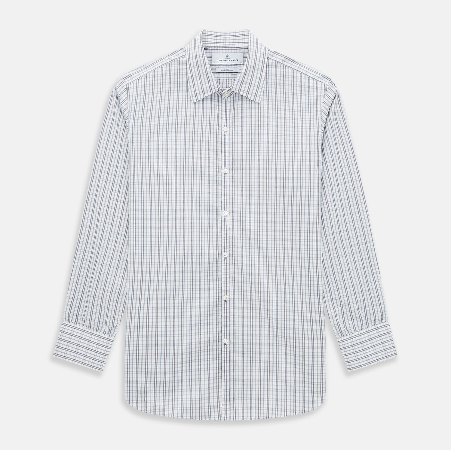 View 1 of product The Turnbull & Asser Navy and Blue Multi Tattersall Westminster Shirt features long sleeves, a button-down style, and a Turnbull collar in a blue and gray check pattern on white, laid flat against a white background.
