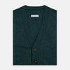 View 4 of product Turnbull & Asser’s Green Melange Cashmere Cardigan features a V-neck, long sleeves, ribbed cuffs and hem, two front pockets, and a button-up front—an essential knitwear piece shown against a white background.