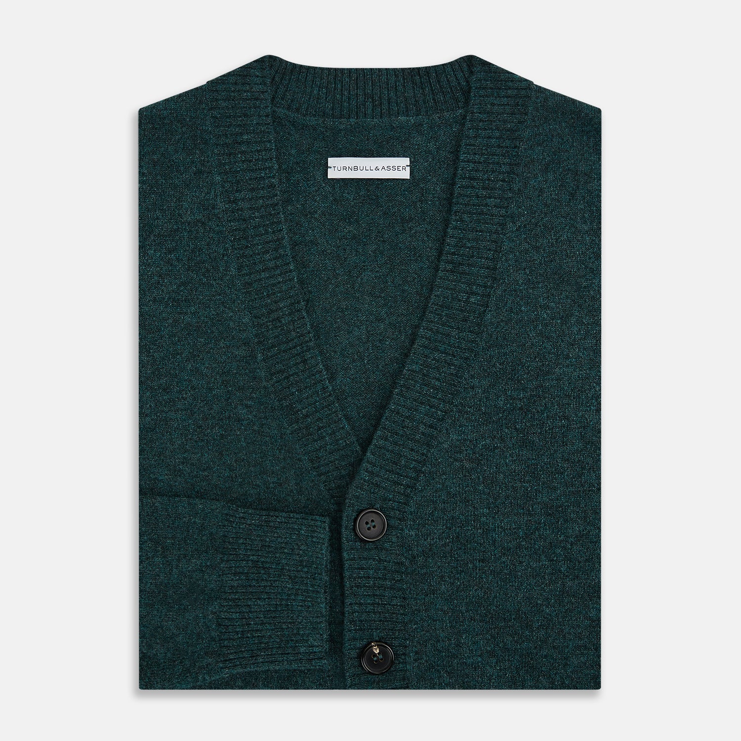 View 4 of product Turnbull & Asser’s Green Melange Cashmere Cardigan features a V-neck, long sleeves, ribbed cuffs and hem, two front pockets, and a button-up front—an essential knitwear piece shown against a white background.