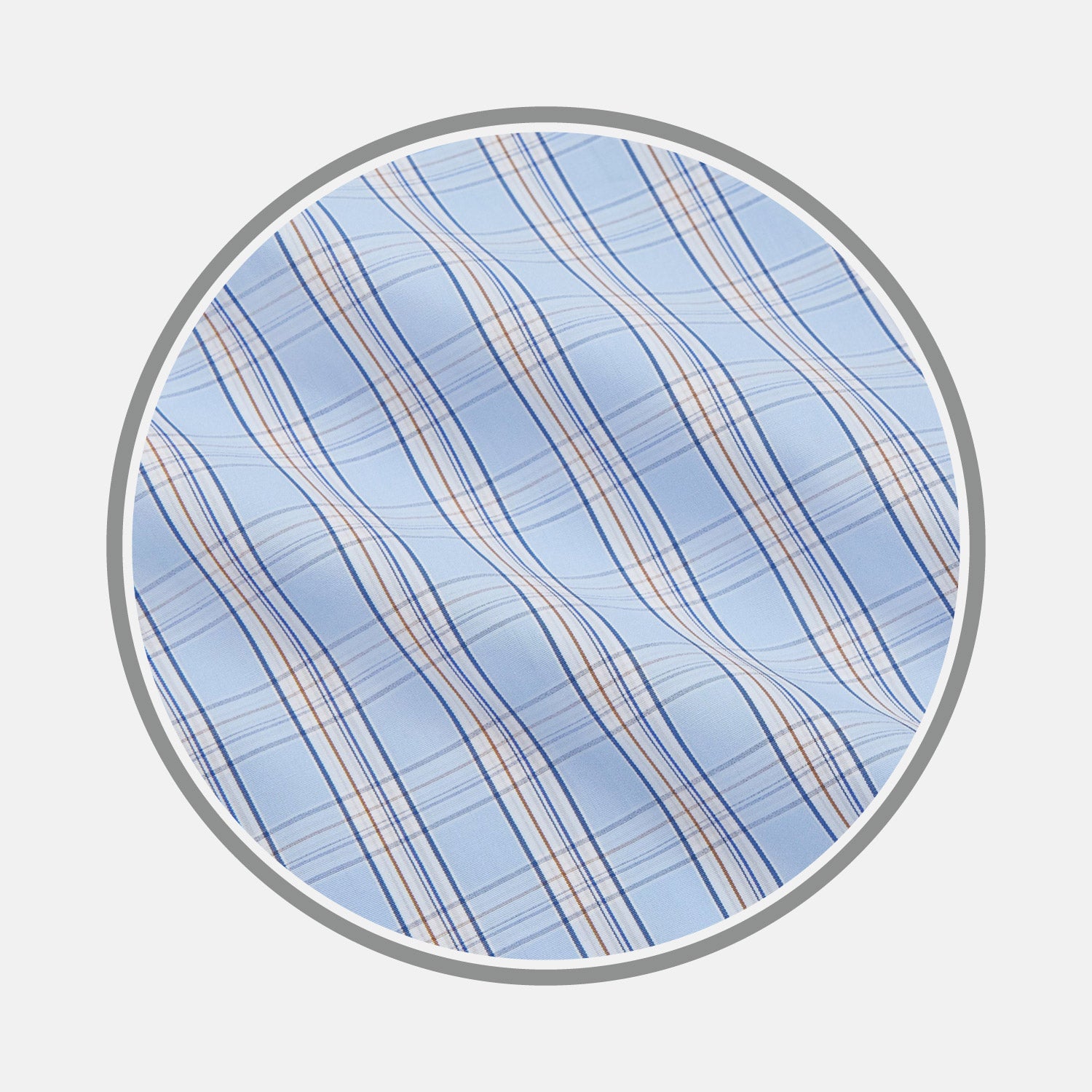View 1 of product Close-up of Turnbull & Asser's Pale Blue Multi-check Cotton Fabric, featuring thin orange and dark blue lines, shown in a circular frame on a white background.