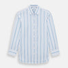 View 1 of product The Turnbull & Asser Blue Multi Stripe Mayfair Shirt features a T&A collar, vertical blue and white stripes, long sleeves, and a crisp Mayfair fit for a refined look.
