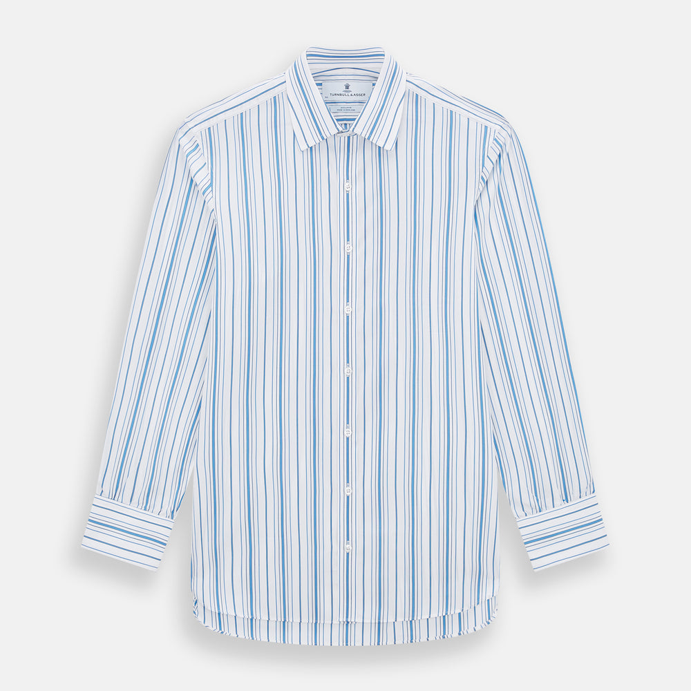 The Turnbull & Asser Blue Multi Stripe Mayfair Shirt features a T&A collar, vertical blue and white stripes, long sleeves, and a crisp Mayfair fit for a refined look.