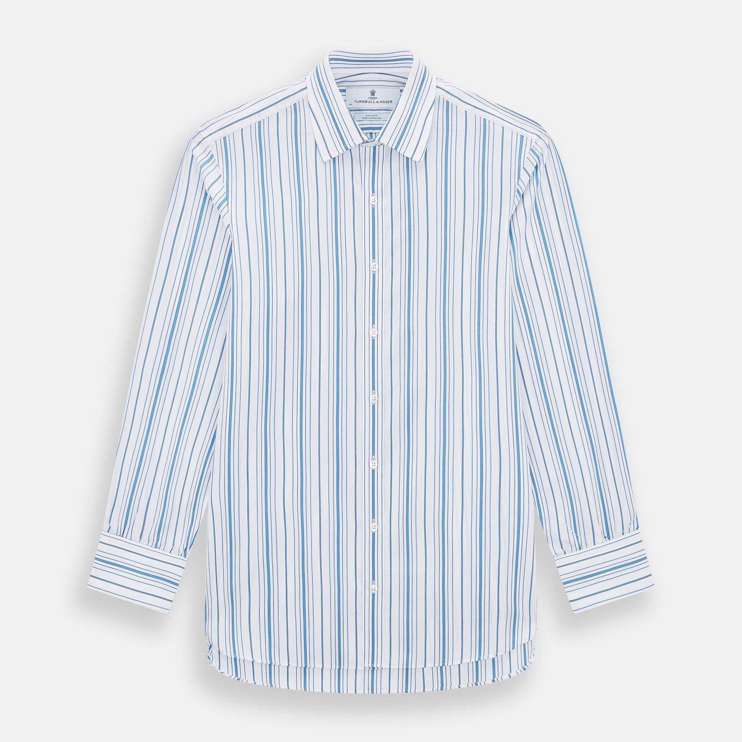 View 1 of product The Turnbull & Asser Blue Multi Stripe Mayfair Shirt features a T&A collar, vertical blue and white stripes, long sleeves, and a crisp Mayfair fit for a refined look.