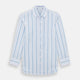 The Turnbull & Asser Blue Multi Stripe Mayfair Shirt features a T&A collar, vertical blue and white stripes, long sleeves, and a crisp Mayfair fit for a refined look.