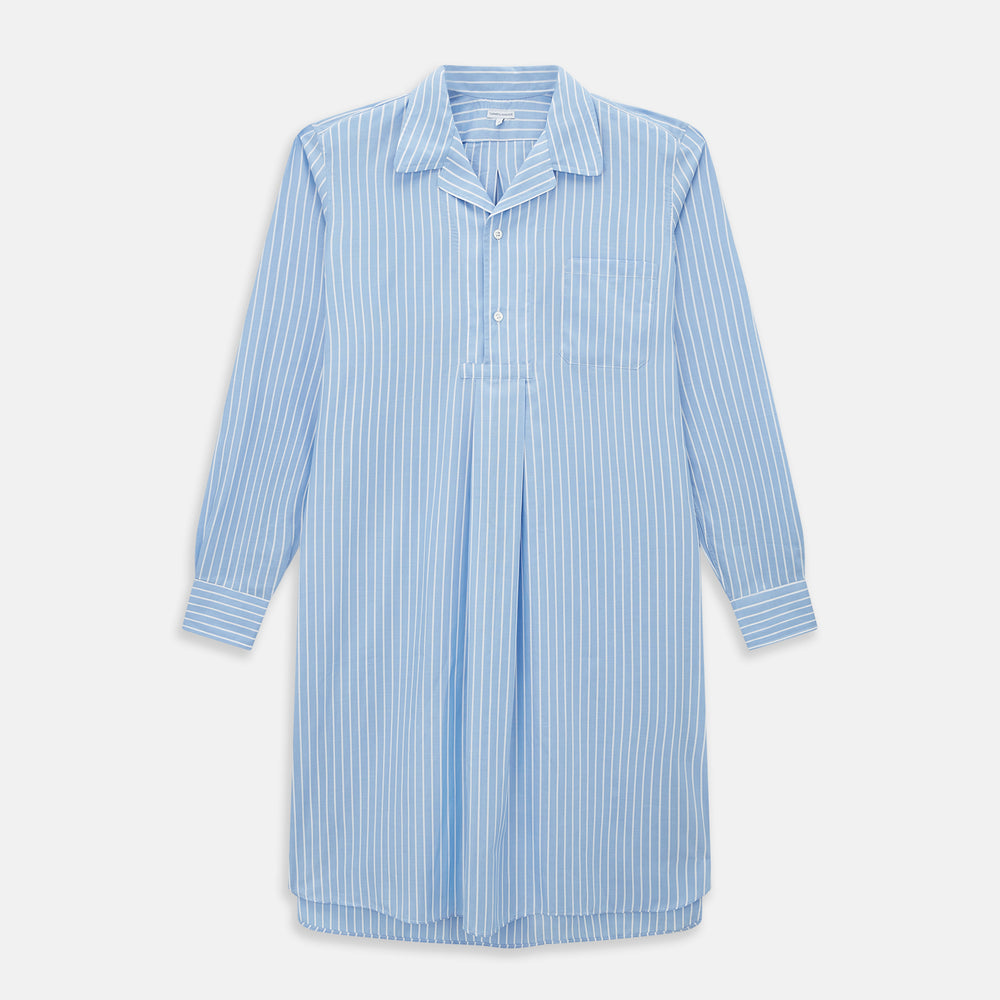 The Turnbull & Asser White and Blue Stripe Quarzo Nightshirt features long sleeves, a collar, button-up front, chest pocket, and mid-length hem—a classic men's striped sleepwear piece.