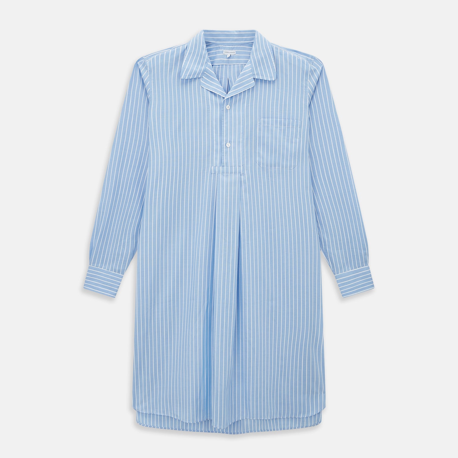 View 1 of product The Turnbull & Asser White and Blue Stripe Quarzo Nightshirt features long sleeves, a collar, button-up front, chest pocket, and mid-length hem—a classic men's striped sleepwear piece.