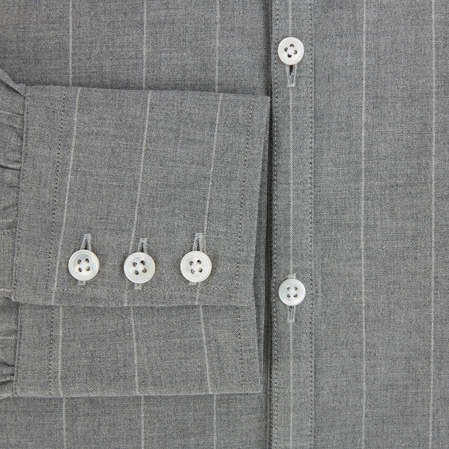 View 4 of product The Grey Wide Stripe Westminster Shirt by Turnbull & Asser features long sleeves, buttoned cuffs, a Turnbull collar, and classic British craftsmanship, shown on a white background.