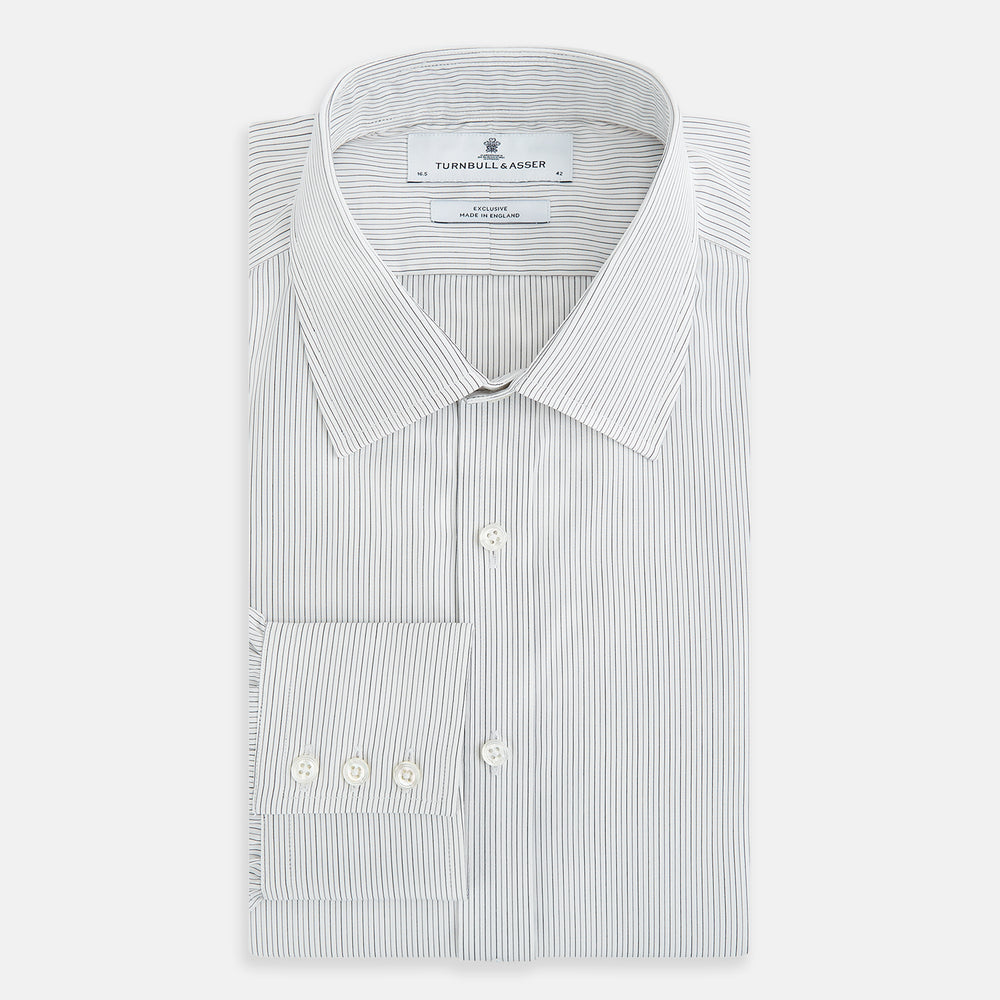 The Turnbull & Asser Midnight Blue and Grey Fine Stripe Mayfair Shirt features long sleeves, pure cotton fabric, a pointed collar, button-down front, and buttoned cuffs—ideal for formal wear.